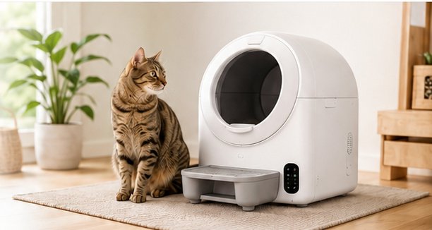 Gato ao lado de caixa de areia automática em ambiente doméstico