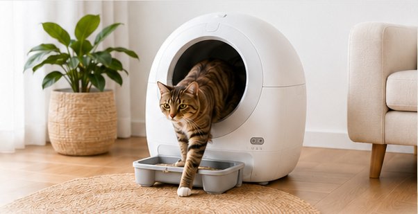 Gato ao lado de uma caixa de areia automática