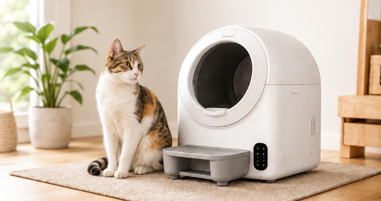 Gato e cachorro em ambiente doméstico com produtos e tecnologia para pets