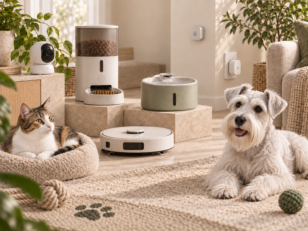cachorro e gato em sala com dispositivos