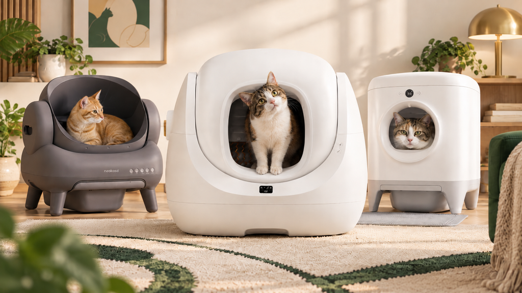 Três caixas de areia automáticas com gatos em comparação